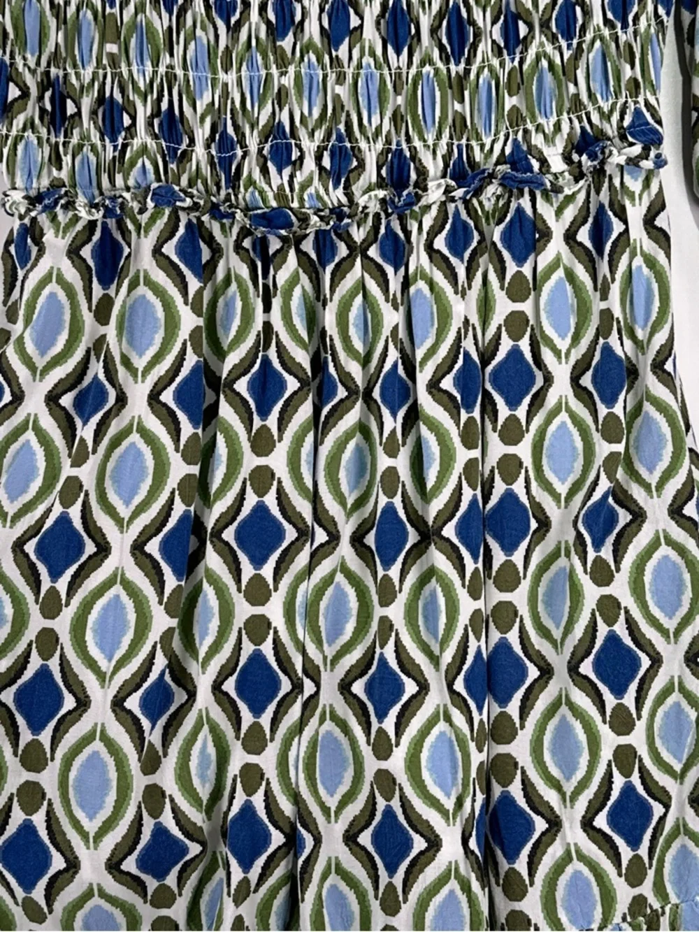 By Anthropologie Ruffle Mini Dress Smocked Long Sleeve Ikat Blue Green S - Picture 4 of 14